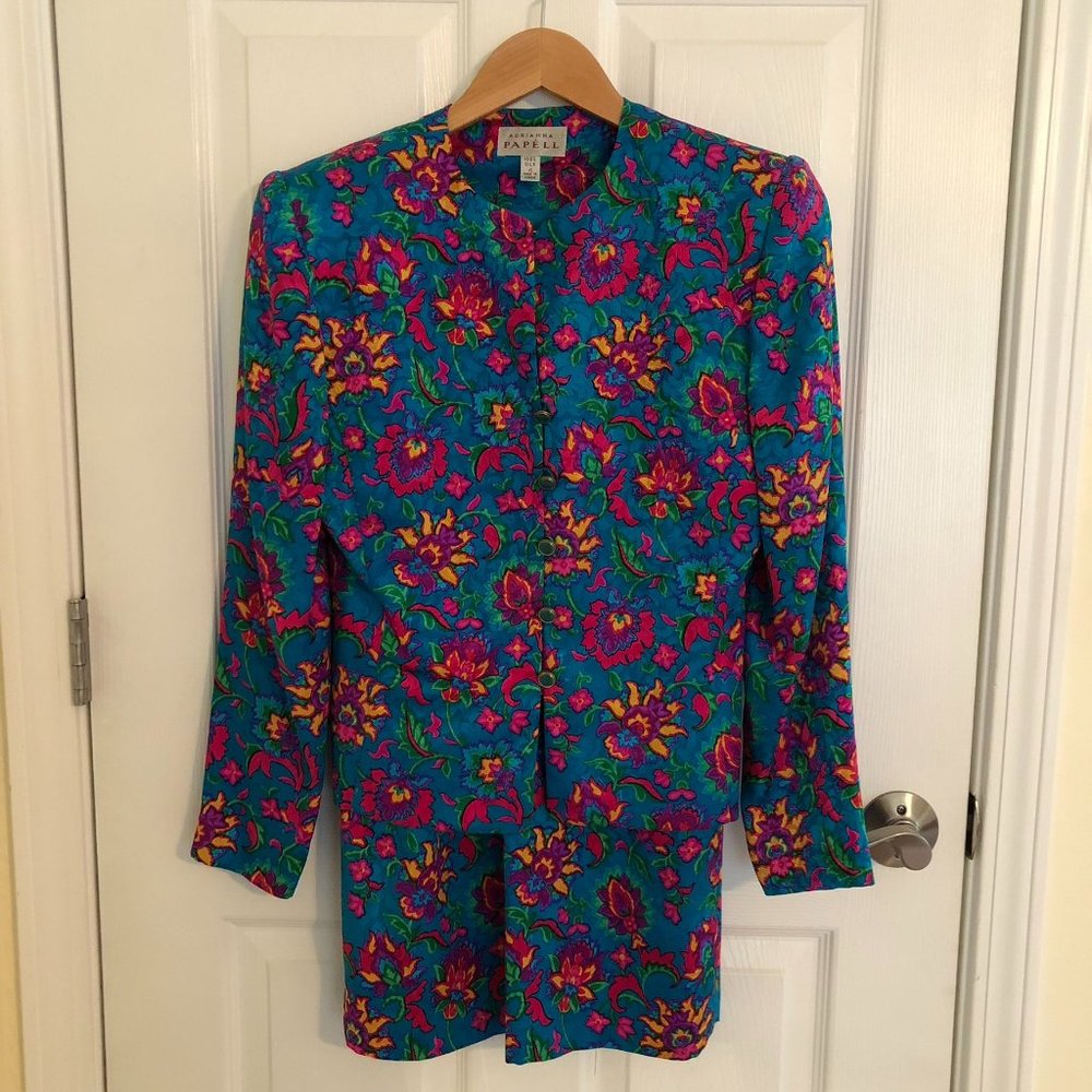 Adrianna Papell Vintage 1980's Silk Floral Print Jacket/Skirt Suit, Size 4